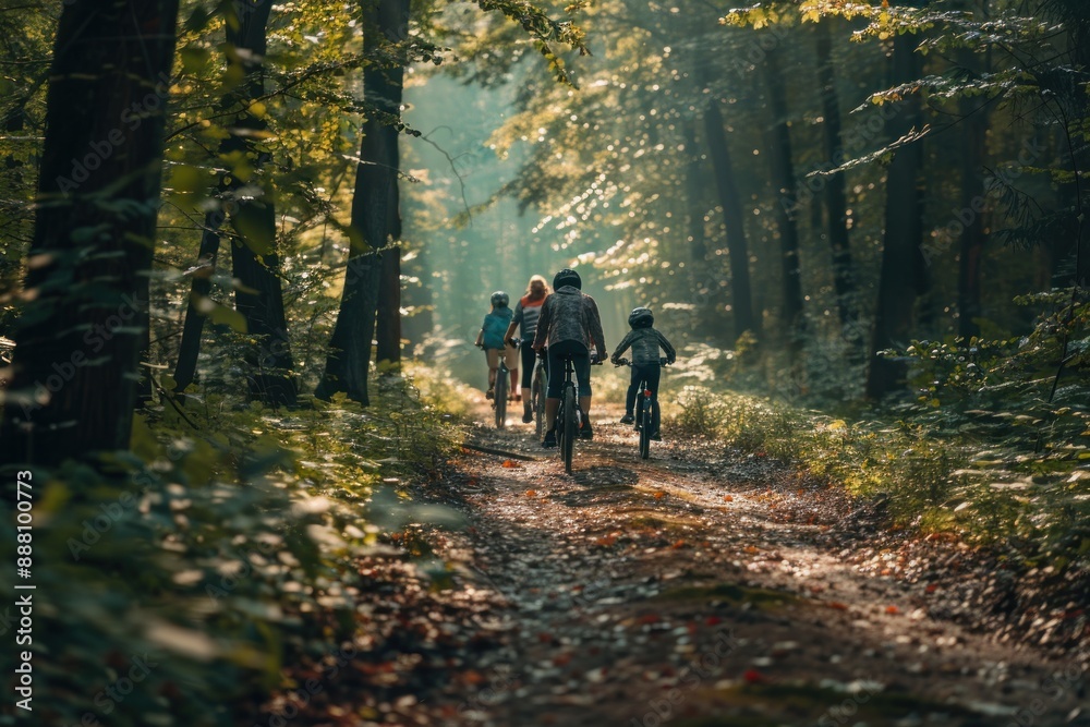 Fototapeta premium Active Family Cycling Together on Scenic Forest Trail Amidst Lush Greenery