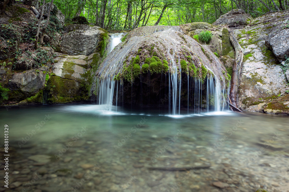 Fototapeta premium Waterfalls and rapids on the Ulu-Uzen River in the Crimean Mountains