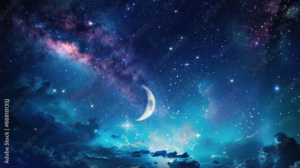 Fototapeta premium Night sky filled with twinkling stars and a bright crescent moon, capturing the magic and mystery of the cosmos, ideal for inspirational and dreamy designs