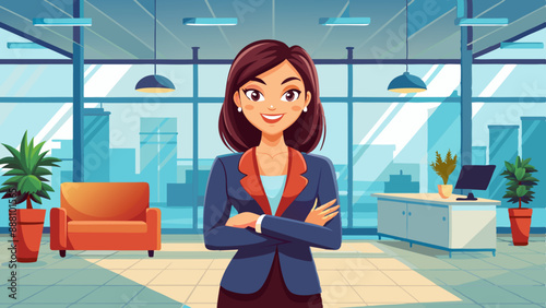 relaxed young businesswoman standing with her arms crossed in a spacious office 
