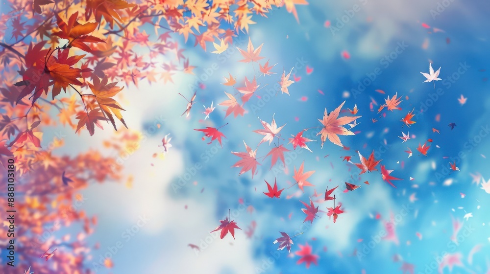 Crisp autumn sky with a clear blue backdrop and colorful falling leaves, capturing the essence of the fall season and its natural beauty Crisp autumn sky with a clear blue backdrop and colorful falling leaves, capturing the essence of the fall season and its natural beauty