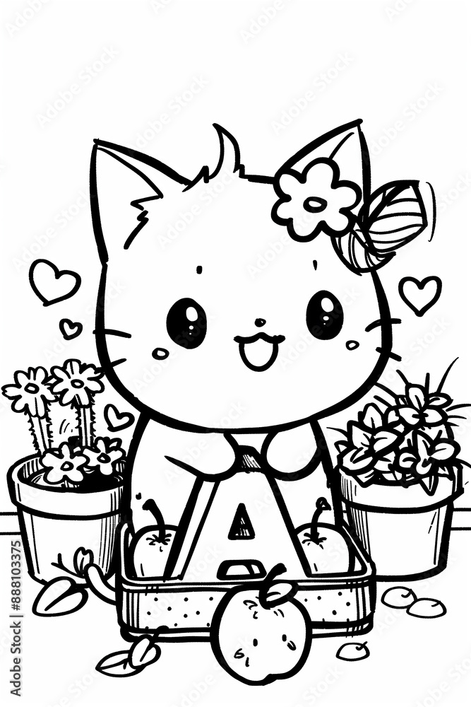 Fototapeta premium Kids colouring book page. Alphabet letter A. Adorable black and white illustration of a cartoon kitten exuding charm and sweetness.