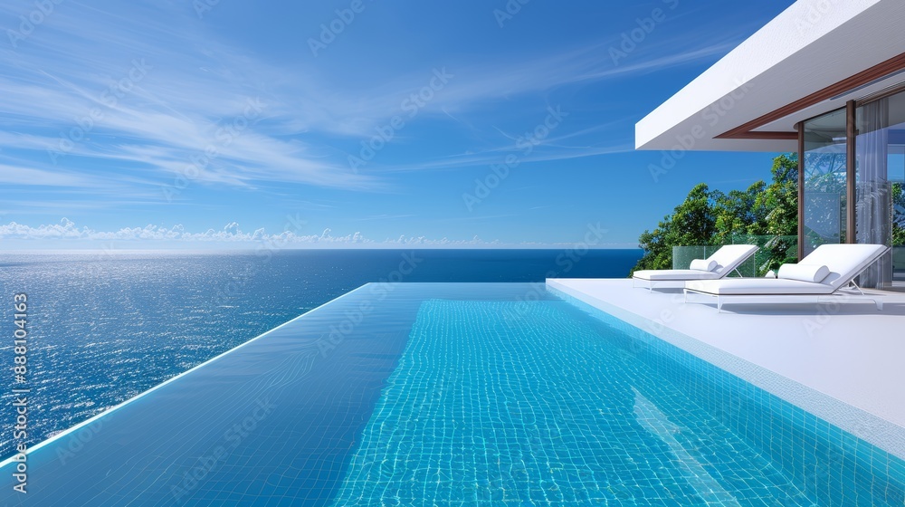 A luxurious tropical resort, infinity pool overlooking the ocean, no people, clear blue skies, high-resolution, serene and refreshing, realistic A luxurious tropical resort, infinity pool overlooking the ocean, no people, clear blue skies, high-resolution, serene and refreshing, realistic