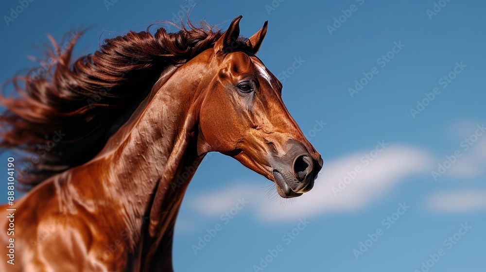 Fototapeta premium A majestic horse galloping, mane flowing, muscles flexing with every stride, an elegant close-up that highlights the power and beauty of motion