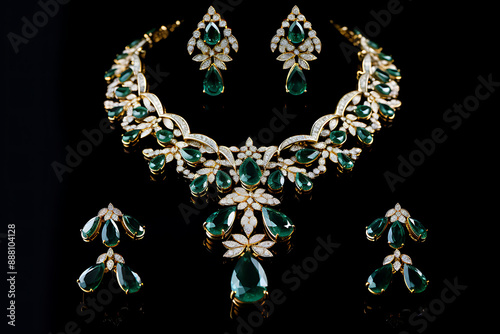 Close up of diamond necklace on black background with diamond ear ring