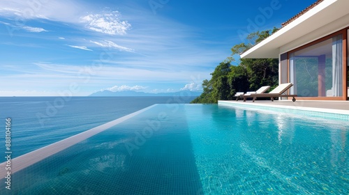 A luxurious tropical resort, infinity pool overlooking the ocean, no people, clear blue skies, high-resolution, serene and refreshing, realistic