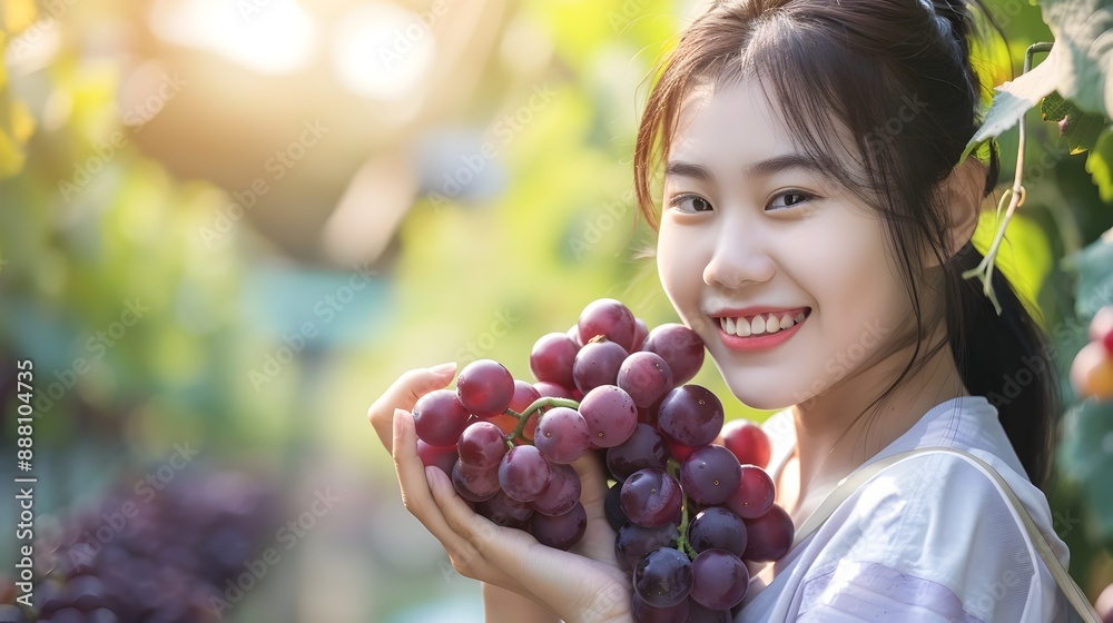 Smiling Young Asian Woman Holding Bunch of Fresh Organic Grapes in Rural Garden Smiling Young Asian Woman Holding Bunch of Fresh Organic Grapes in Rural Garden