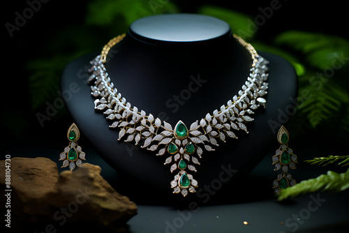 Close up of diamond necklace on black background with diamond ear ring