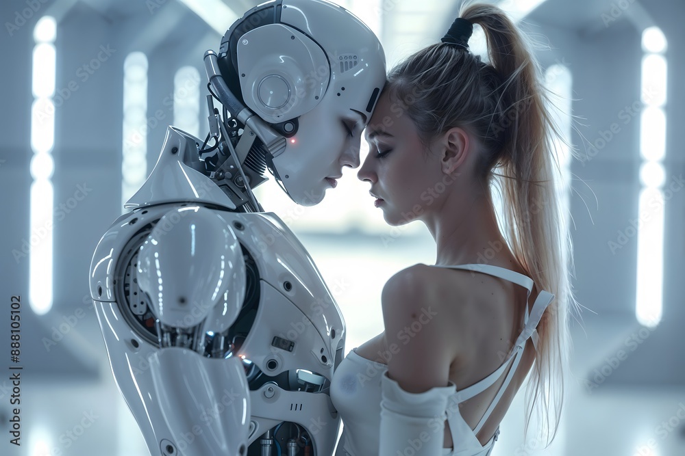 Woman and robot in an intimate moment in a futuristic setting. Cyborg, android intimacy relationship. Woman and robot in an intimate moment in a futuristic setting. Cyborg, android intimacy relationship.