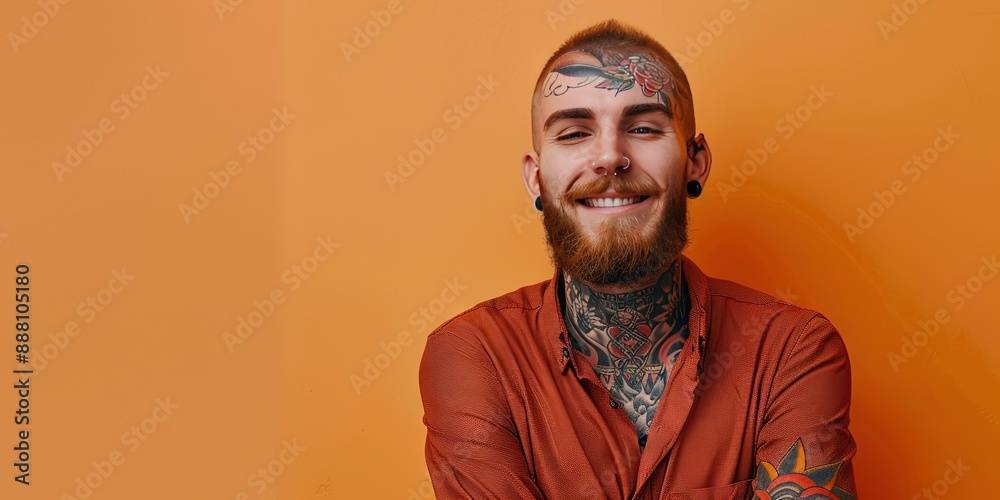 Obraz premium young friendly tattooed man, stylish, modern, solid background, copy space 