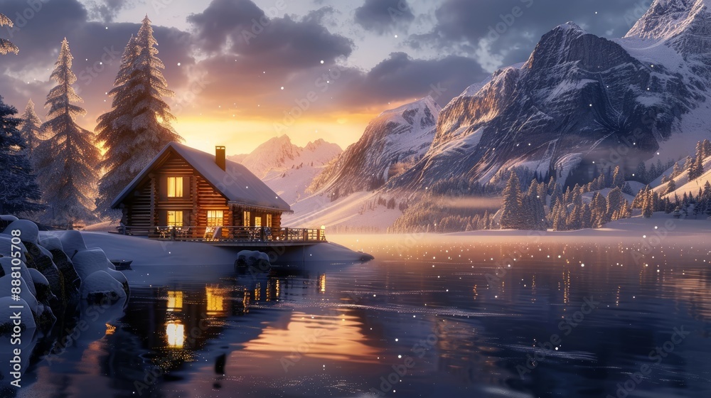 Fototapeta premium Snowy Mountain Cabin at Sunset