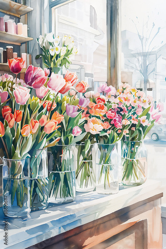 Clear glass vases line the showcase each filled with vibrant tulips in bright, modern flower shop with minimalistic white interior. Small business concept.