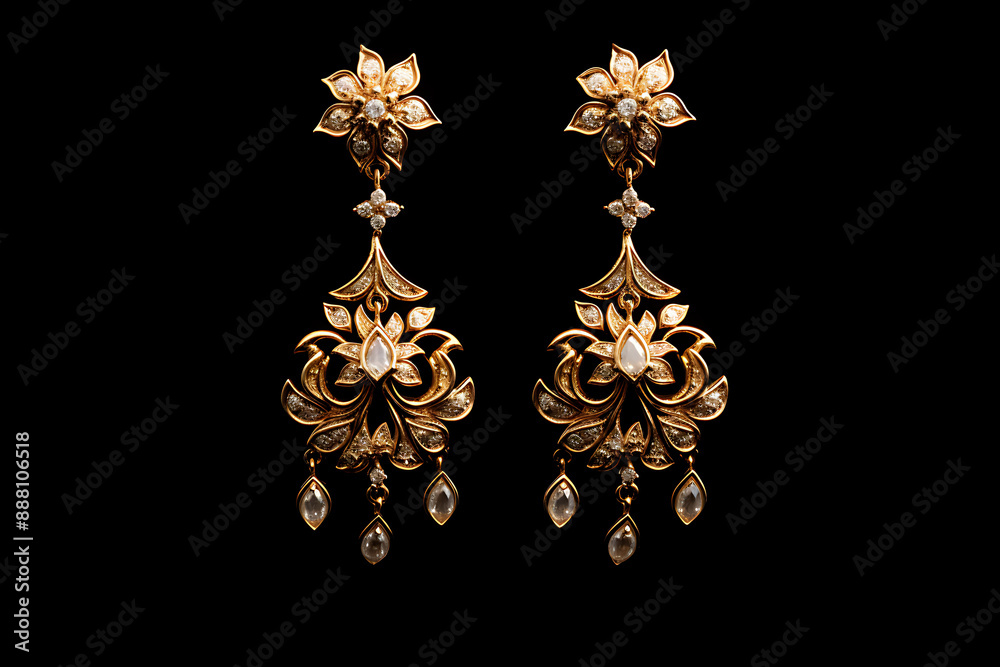 Fototapeta premium Close up of diamond necklace on black background with diamond ear ring, Bridal necklace studded with rubies, emeralds and precious stones