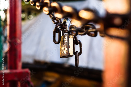chain and padlock under soft golden sunset light with soft focus background