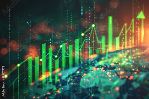 Conceptual Image of a Thriving Economy with Green Upward Arrows and Rising Bar Graphs, Symbolizing Economic Gro © momostudio