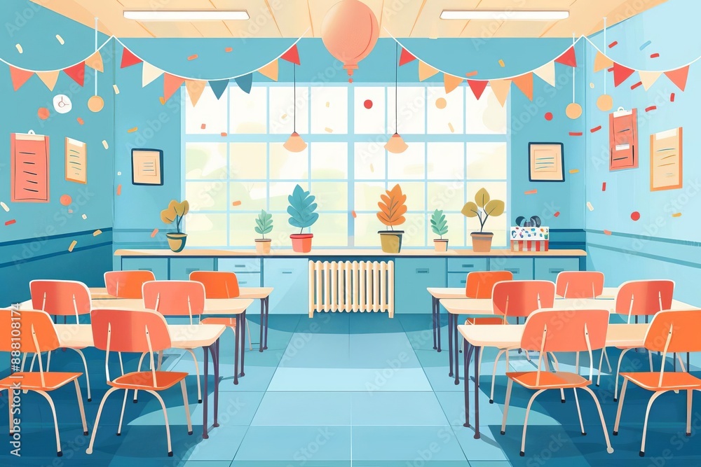 Obraz premium Bright and colorful classroom interior with desks, chairs, banners, and windows. Perfect for educational and instructional themes.