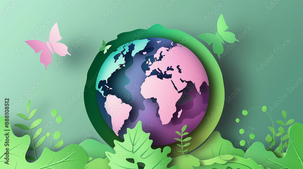Earth Day concept. Paper cut web template illustration. Multi-color papercut layer showing planet earth surrounded by nature. Earth Day concept. Paper cut web template illustration. Multi-color papercut layer showing planet earth surrounded by nature.