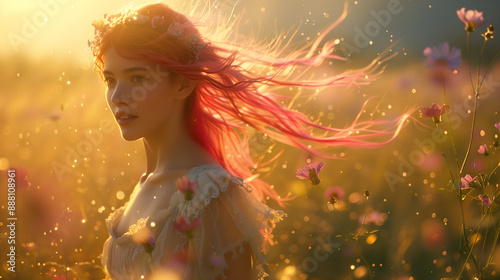 Bright pink-haired girl in a pastel dress spins happily in a sunlit clearing.

 photo