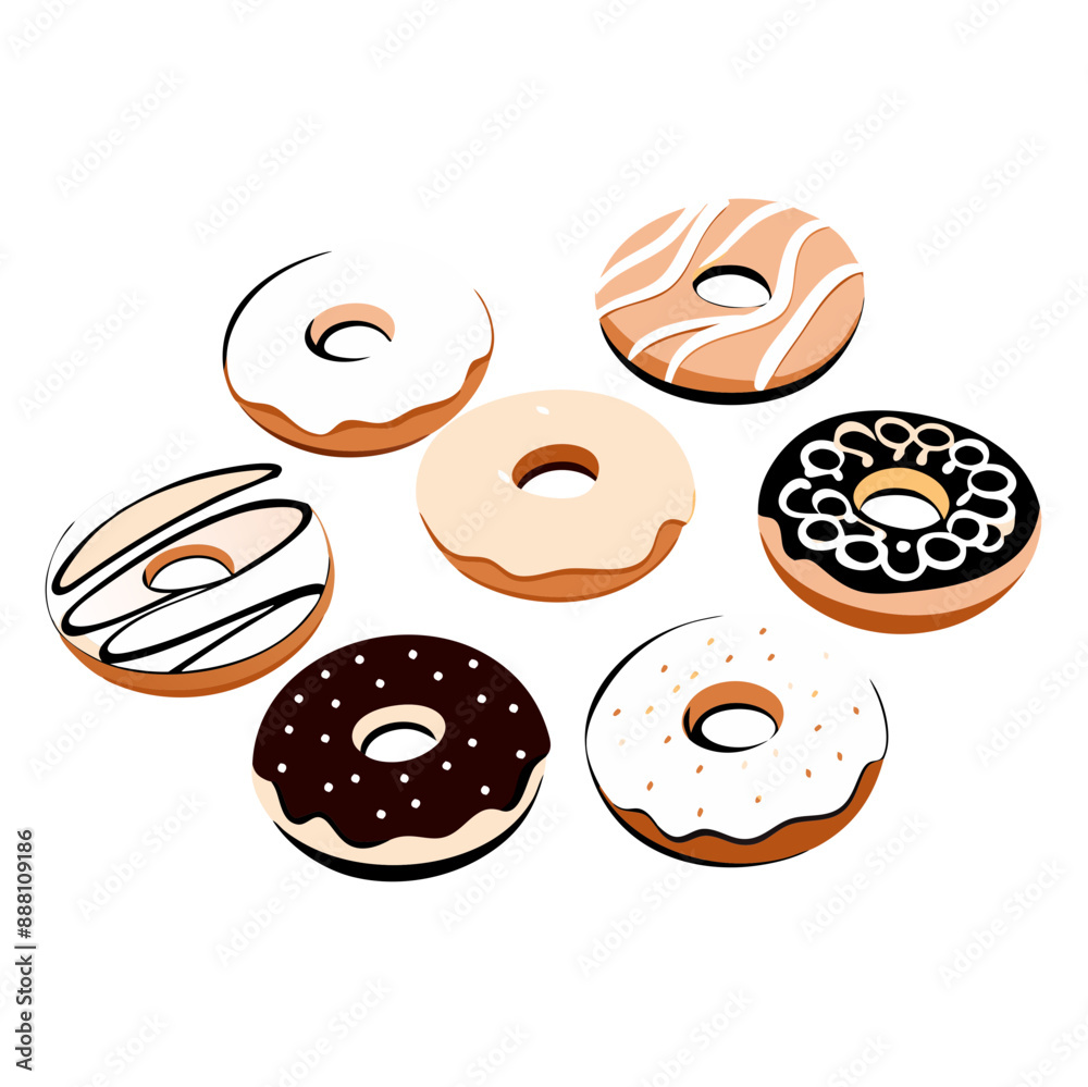 seven glazed doughnuts, each topped with a unique design, transparent, line art seven glazed doughnuts, each topped with a unique design, transparent, line art