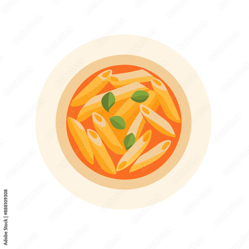An aerial perspective of penne pasta in rich tomato sauce with fresh basil leaves An aerial perspective of penne pasta in rich tomato sauce with fresh basil leaves