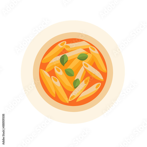 An aerial perspective of penne pasta in rich tomato sauce with fresh basil leaves