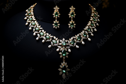 Close up of diamond necklace on black background with diamond ear ring