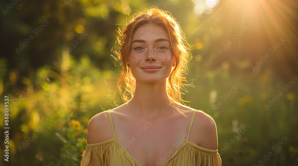 In a sunlit forest, a woman with freckles beams in a vibrant green dress.
In a sunlit forest, a woman with freckles beams in a vibrant green dress.