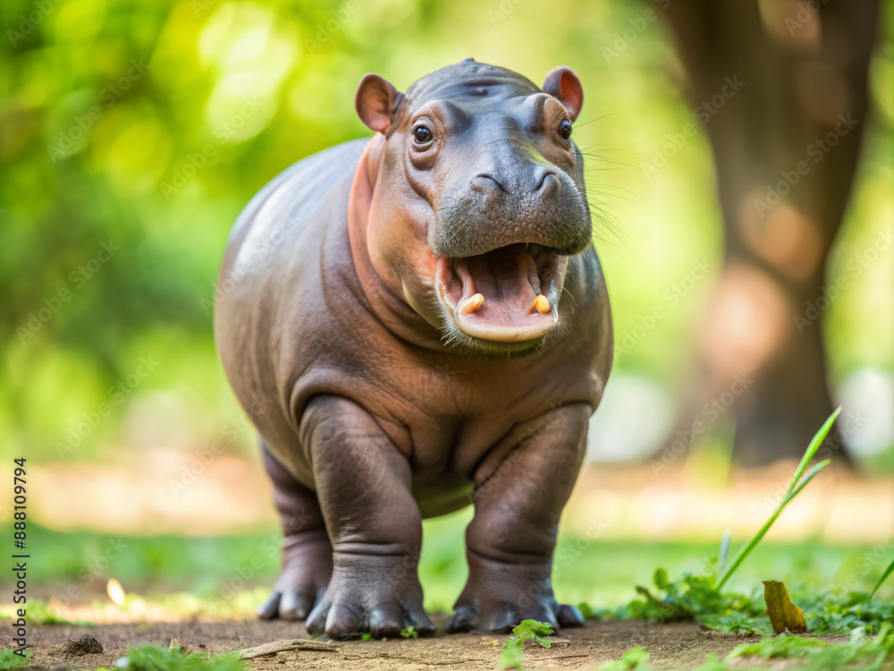 Fototapeta premium Adorable baby hippo stands upright on hind legs, mouth agape, revealing tiny teeth, exuding innocence and friendliness in a heartwarming, tender animal portrait.