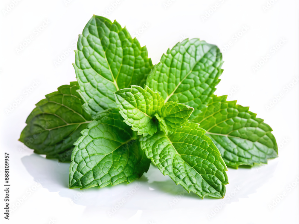 Fresh green mint leaves with delicate white veins and soft curls, perfectly isolated on a transparent background, showcasing their vibrant natural beauty. Fresh green mint leaves with delicate white veins and soft curls, perfectly isolated on a transparent background, showcasing their vibrant natural beauty.