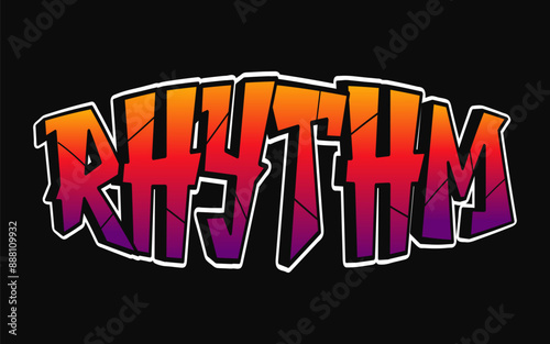 Rhythm - single word, letters graffiti style. Vector hand drawn logo. Funny cool trippy word Rhythm, fashion, graffiti style print t-shirt, poster concept