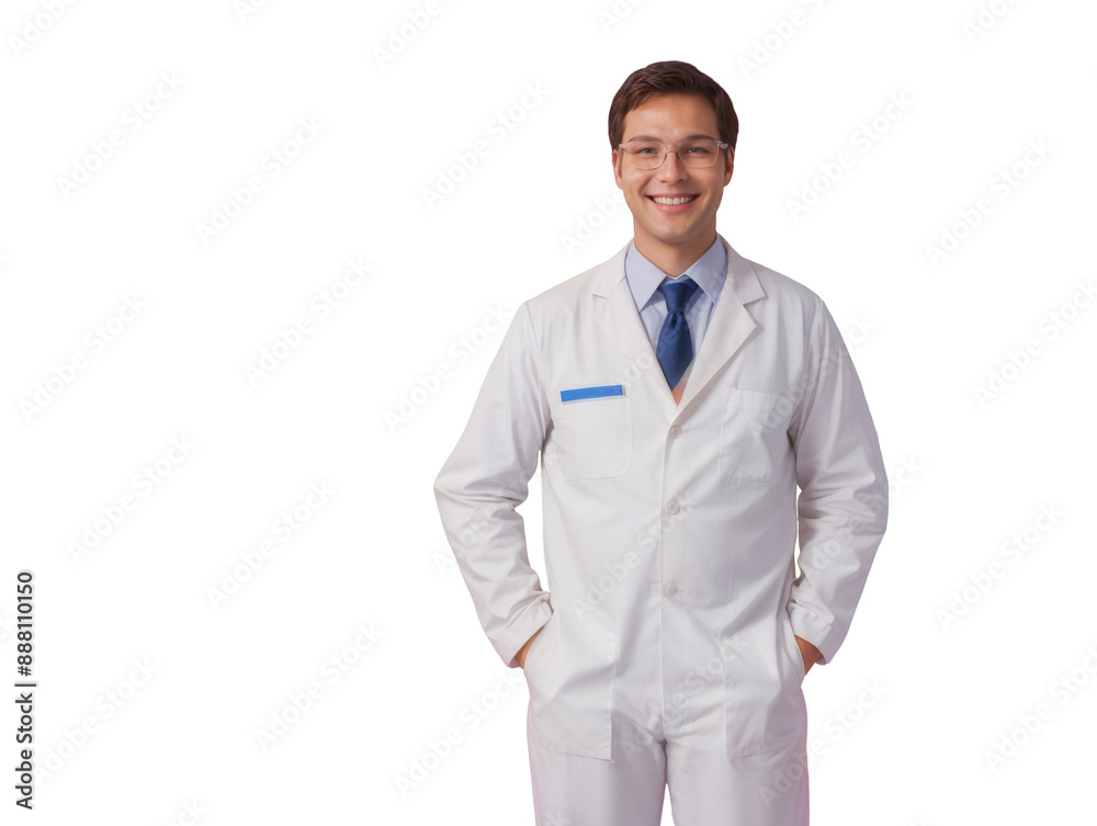 PNG white male doctor or scientist in white lab coat with blue tie and glasses stands with hands in pockets and smile PNG white male doctor or scientist in white lab coat with blue tie and glasses stands with hands in pockets and smile