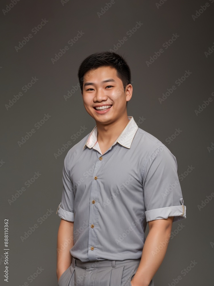 Young japanese man smiles, stands with hands in pockets, wearing light blue button-up shirt and grey pants Young japanese man smiles, stands with hands in pockets, wearing light blue button-up shirt and grey pants