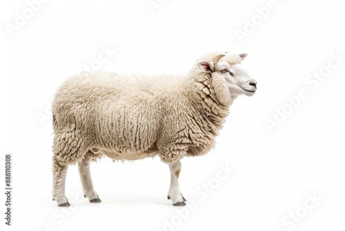 Portrait of a sheep with white coat, standing in profile on white background.