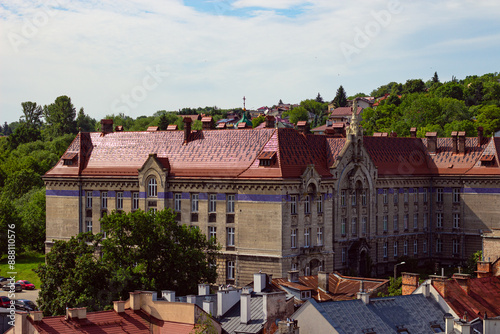 Greek Catholic Theological Seminary in old town of Przemysl, Poland. Top view from Clock Tower of Museum of Bells and Pipes