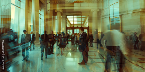 Government in Action: A bustling city hall, with people hurrying in and out of meeting rooms.