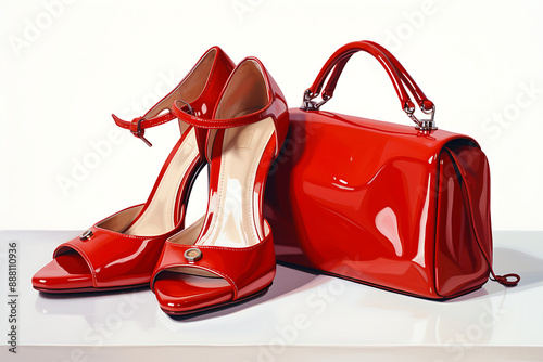 Red fashion women shoes and handbag over white background