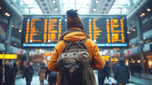 rear view of African-American man with jacket and backpack, standing in busy airport terminal, checking status board, copy space