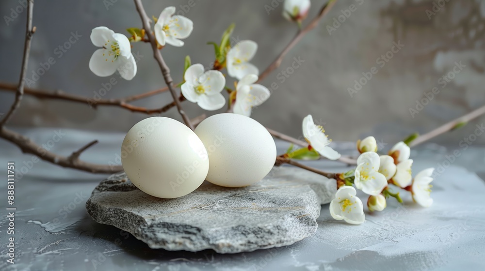 Codorniz eggs are shown with white plums on hormigon stone Codorniz eggs are shown with white plums on hormigon stone