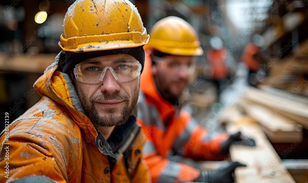 Construction Workers in Orange Gear at Building Site on Rainy Day Construction Workers in Orange Gear at Building Site on Rainy Day