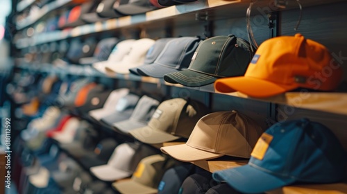 Assortment of Baseball Caps on Wooden Shelves