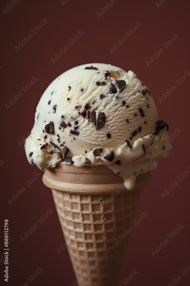 Close-Up of Vanilla Ice Cream Cone with Chocolate Chips on a Waffle Cone Against a Dark Background Close-Up of Vanilla Ice Cream Cone with Chocolate Chips on a Waffle Cone Against a Dark Background