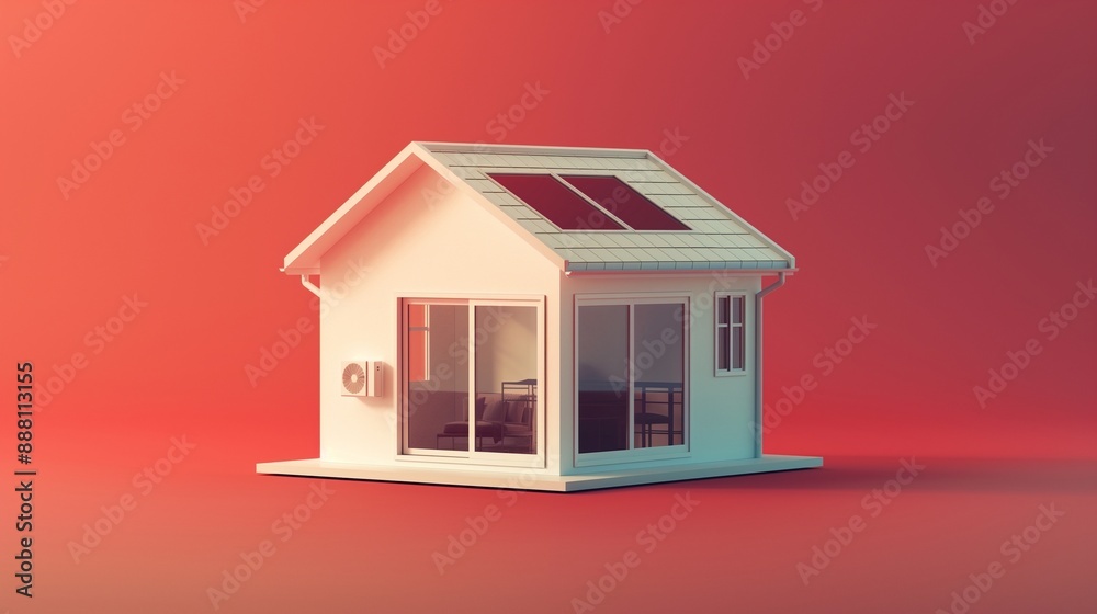 Diagonal view of an eco-friendly small house against a ruby background. Diagonal view of an eco-friendly small house against a ruby background.