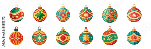 Set of Christmas ornaments with colorful patterns isolated on a white background. Concept of holiday decoration, festive season, winter celebration, minimalist style, Christmas bauble