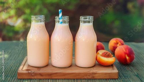 Glass bottles of peach milk on wooden board. Tasty fruit drink. Sweet beverage. Organic and healthy