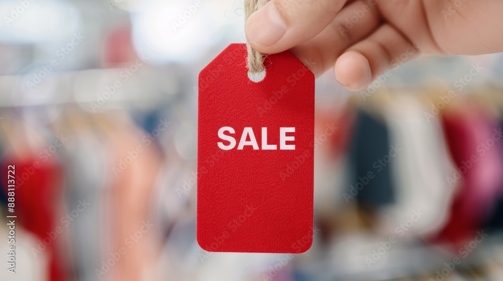 Fototapeta premium Closeup of a hand holding a red sale tag with a blurred store background, emphasizing the discount offer