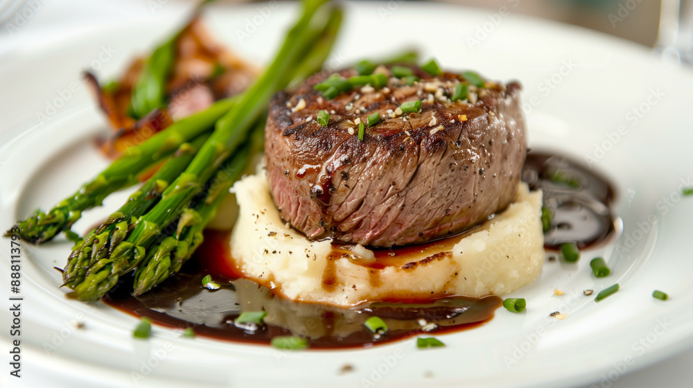 Closeup of a plated dish at a wedding, featuring filet mignon with a red wine reduction, garlic mashed potatoes, and asparagus, garnished to perfection Closeup of a plated dish at a wedding, featuring filet mignon with a red wine reduction, garlic mashed potatoes, and asparagus, garnished to perfection