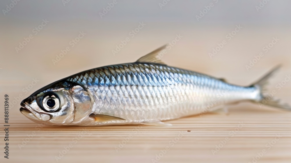 Fototapeta premium Closeup of a sardine with its tail slightly curved, isolated on a clean white background, highlighting its form 