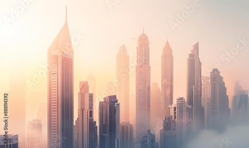 Sunrise Over Futuristic Cityscape with Tall Skyscrapers in Soft Pastel Hues