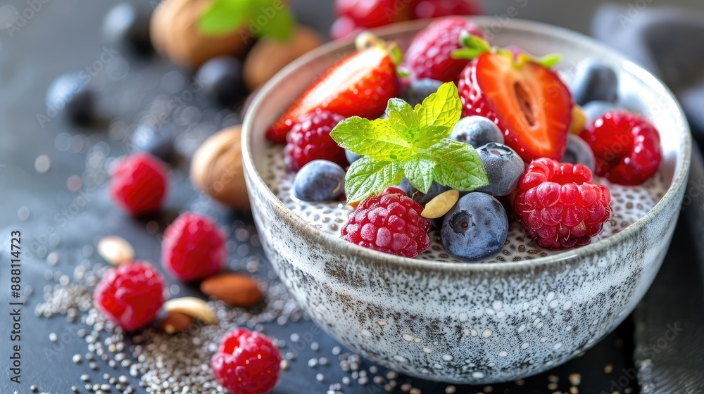A close-up of a bowl of chia pudding with fresh berries and nuts, highlighting a healthy dessert A close-up of a bowl of chia pudding with fresh berries and nuts, highlighting a healthy dessert
