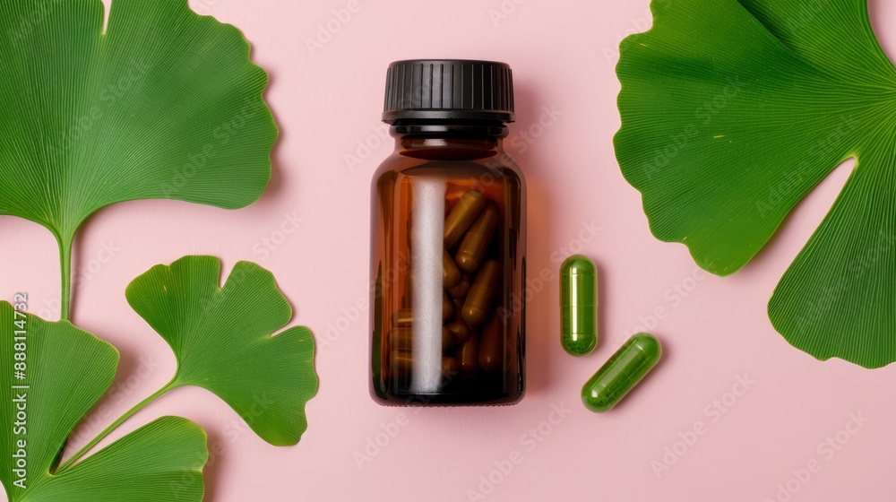 Closeup of Ginkgo biloba leaves next to a bottle of herbal capsules, representing natural medicine Closeup of Ginkgo biloba leaves next to a bottle of herbal capsules, representing natural medicine